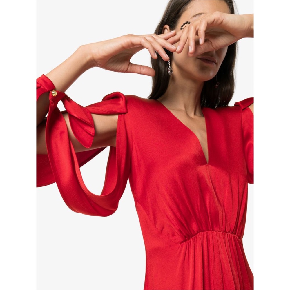 NWT Haney Red Split Sleeve Gathered Satin Dress - Picture 6 of 16